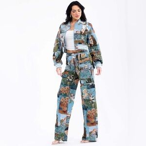 Stylish Blue Patterned Women's Jacket and Pant Set